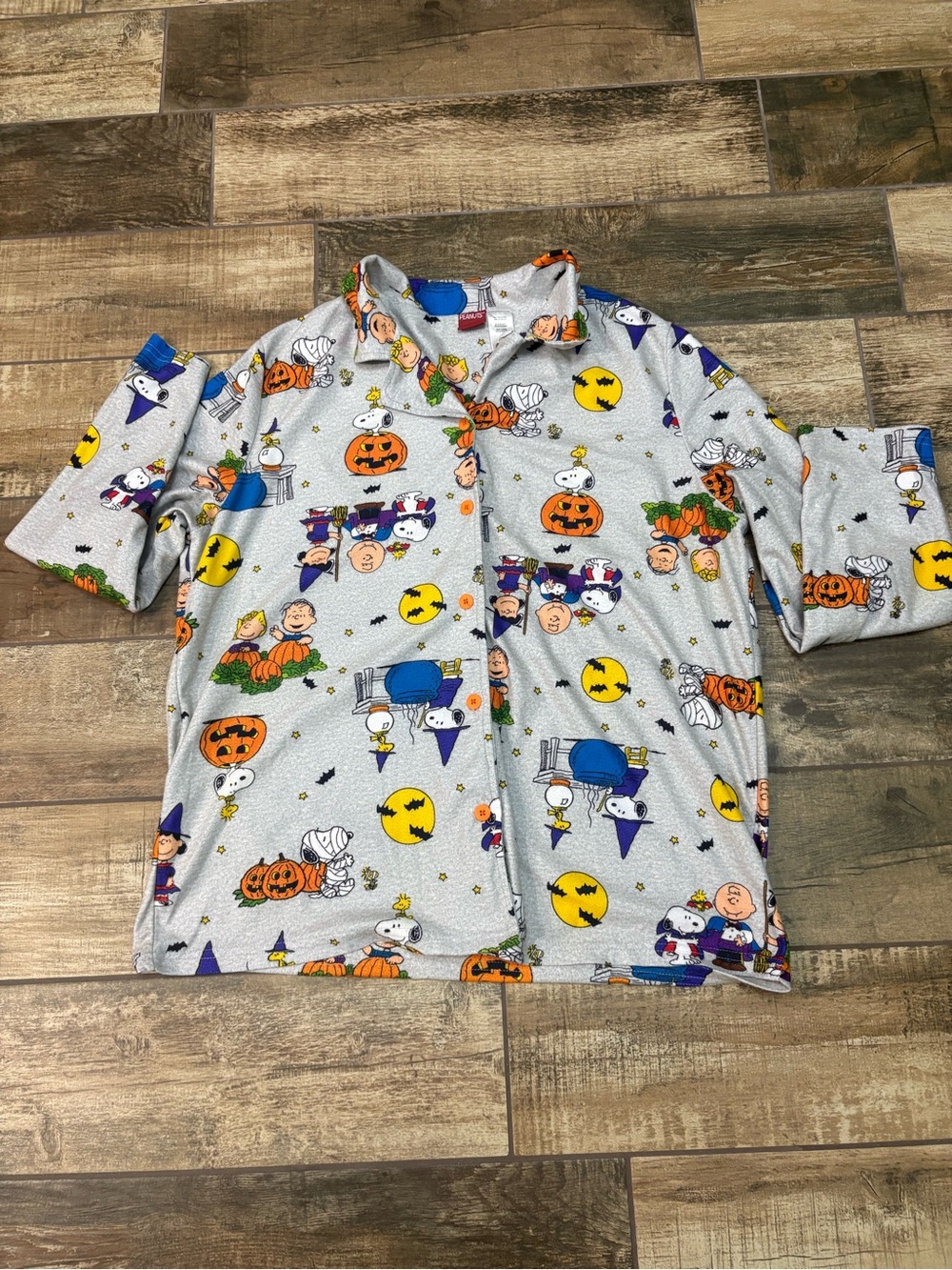 Peanuts Light Gray Halloween Button-Down Shirt with Character Print